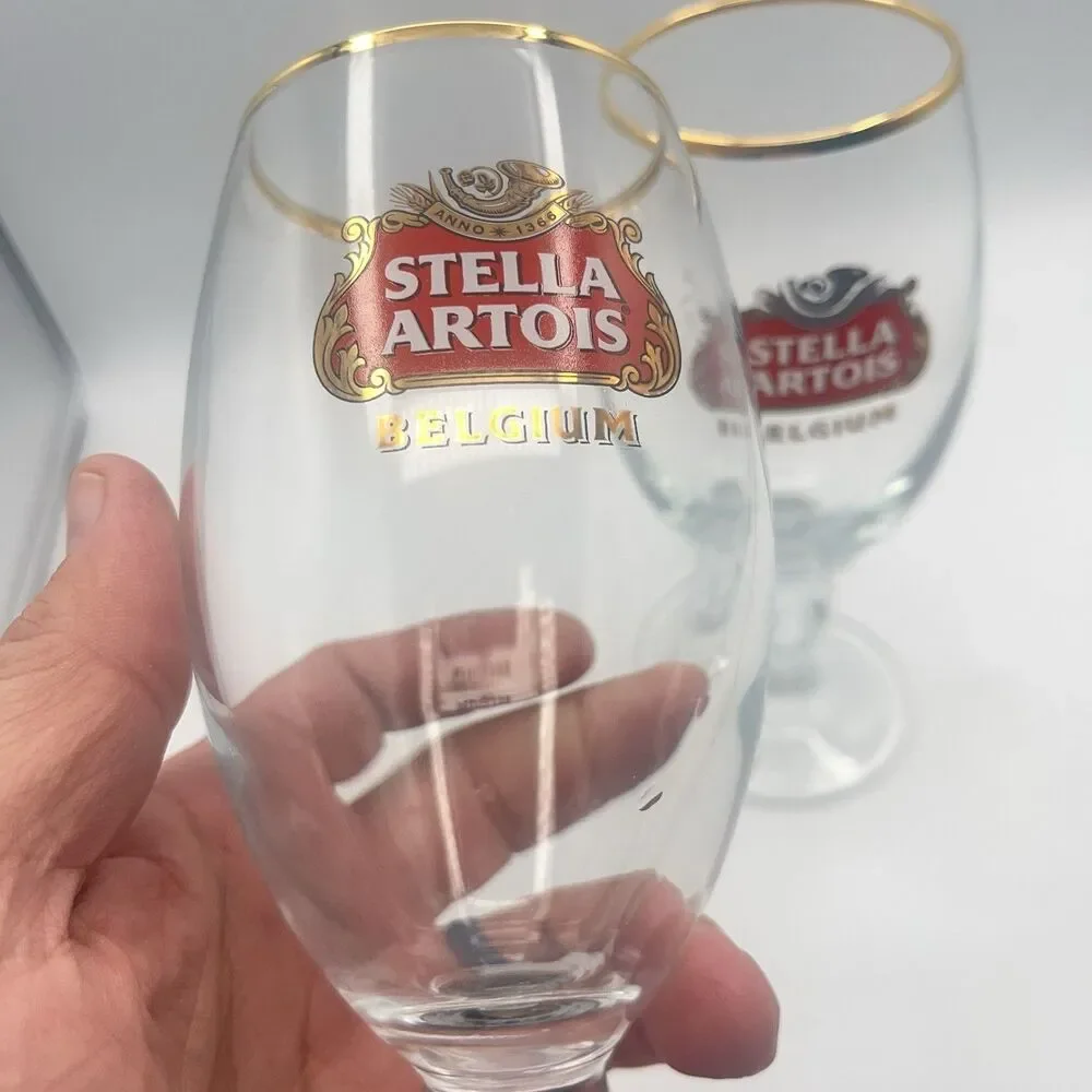 STELLA ARTOIS Belgium Chalice Beer Glass 33 CL Gold Rim (Set Of 2)